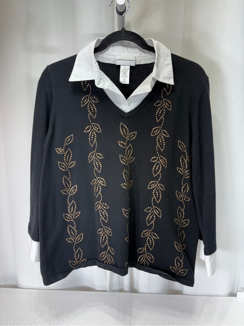 Alfred Dunner Black V-Neck Sweater with White Collar Gold Stud Detailing 4193